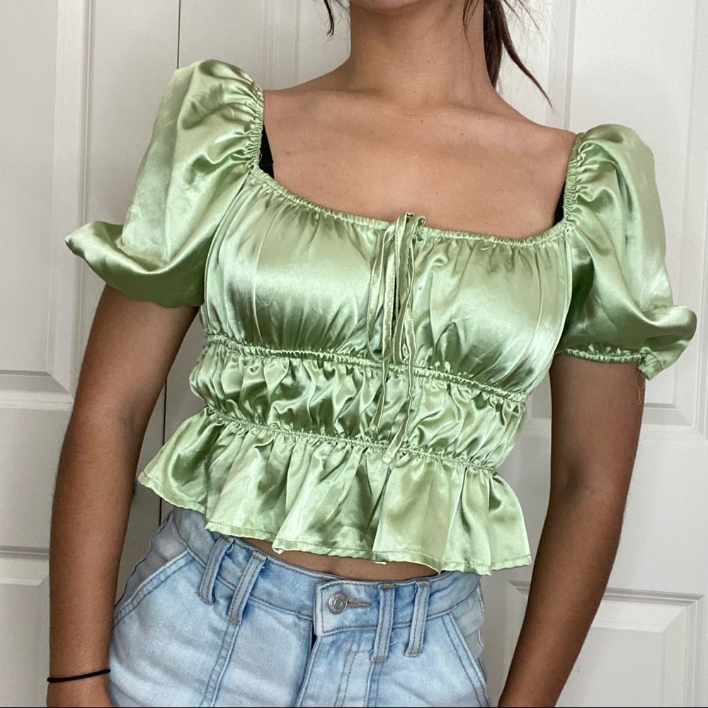 Square Neck Puff Sleeve Peplum Top GREEN
